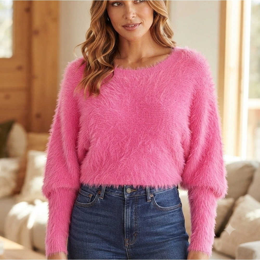 Jessica Simpson Light Pink Fuzzy Eyelash Knit Batwing Sweater Size Small